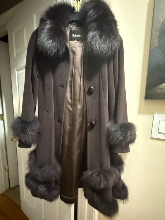 Belle Fare Jackets & Blazers - Elegant Brown Wool Coat with Luxurious Fur Trim Collar & Cuffs